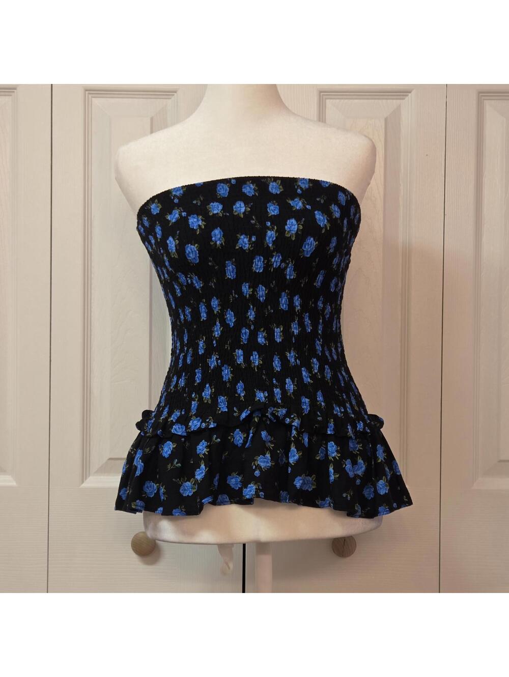 Black Ruffle Hem Peplum Tube Top / Mini Skirt w/ Bright Blue Rose Floral Print